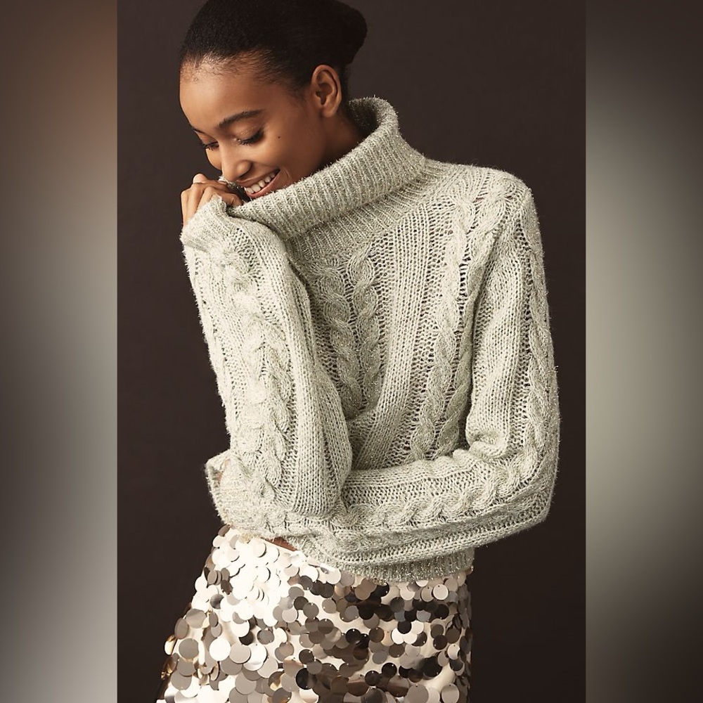 Cable Knit Turtleneck Sweater in Pale Sage